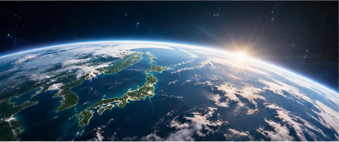 宇宙から見た美しい青い地球と朝日の光を描いたAI生成イメージ