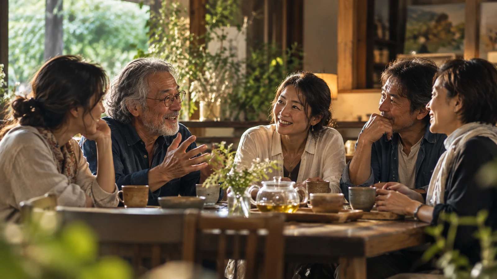 木のテーブルを囲み、お茶を飲みながら自然な笑顔で語り合う人々を描いたAI生成イメージ