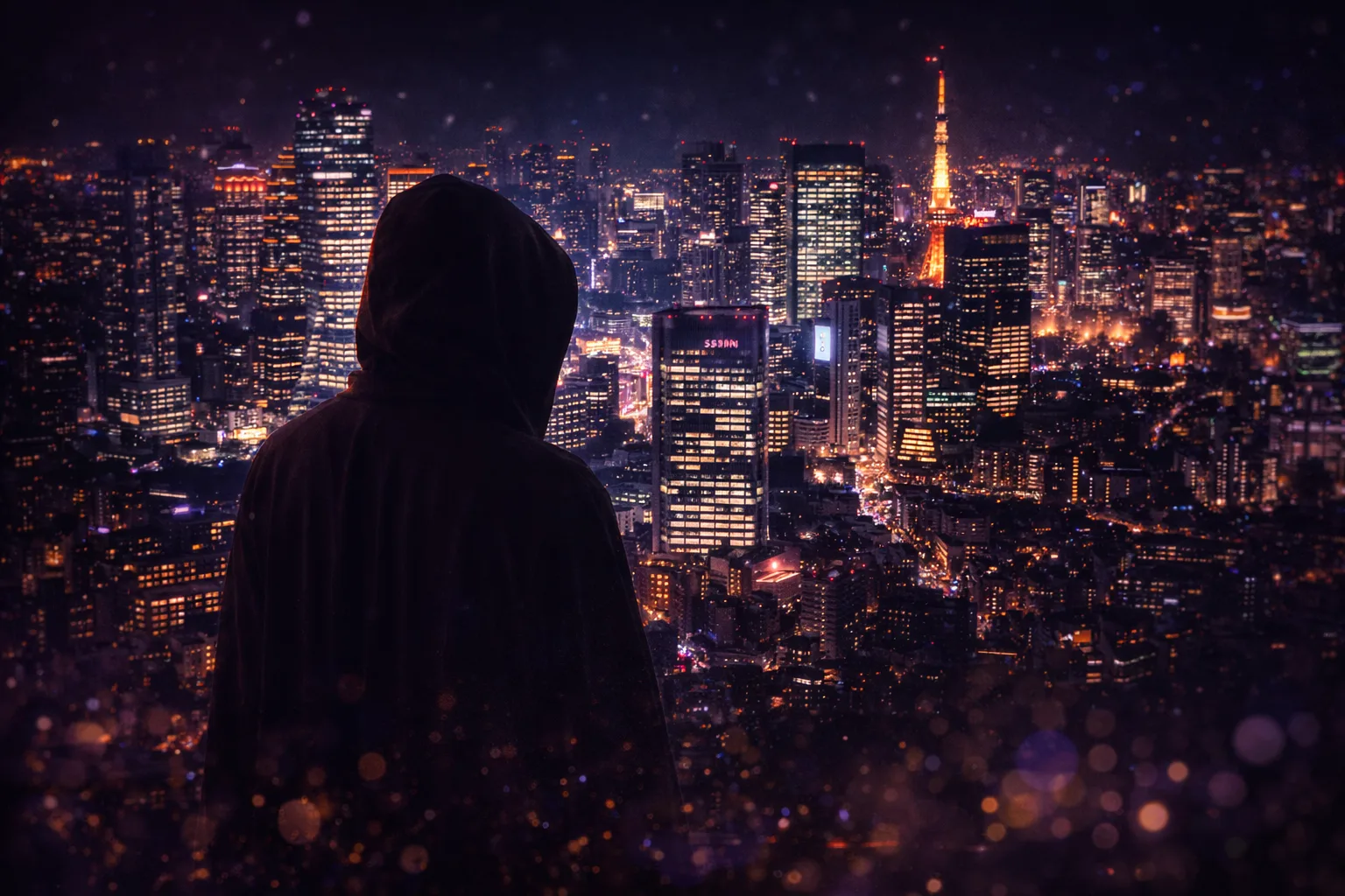 夜の都市で仮面を持つ人物を描いたイメージ