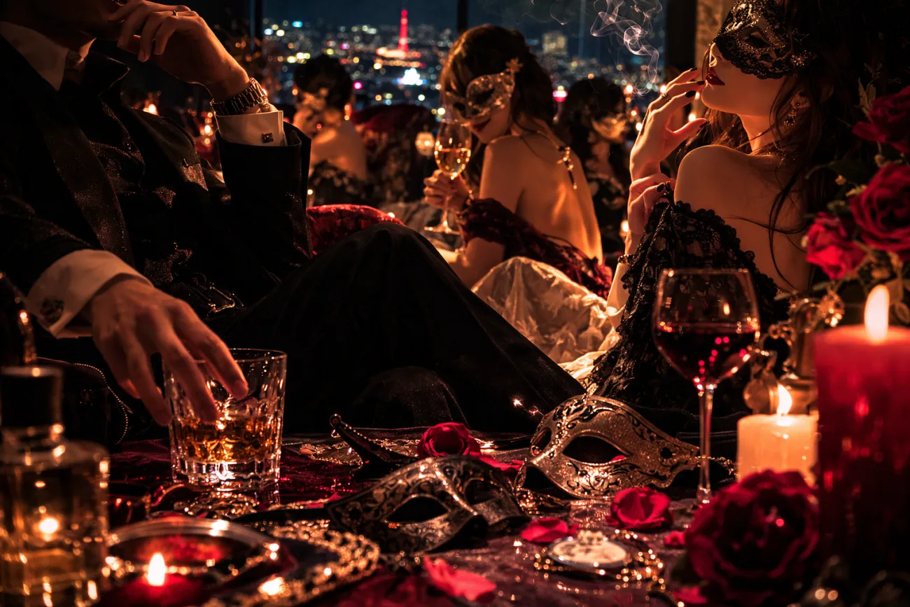 仮面とグラスが並ぶ夜会のテーブル