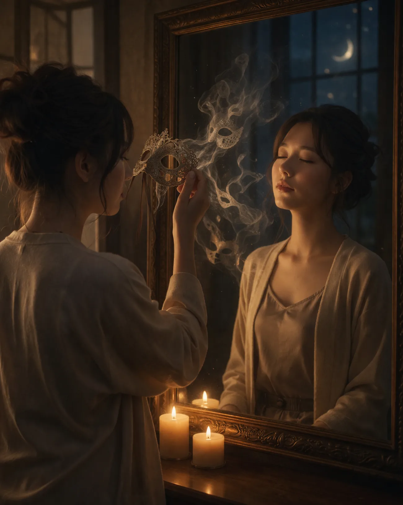 鏡の前で仮面を手にする夜の物語