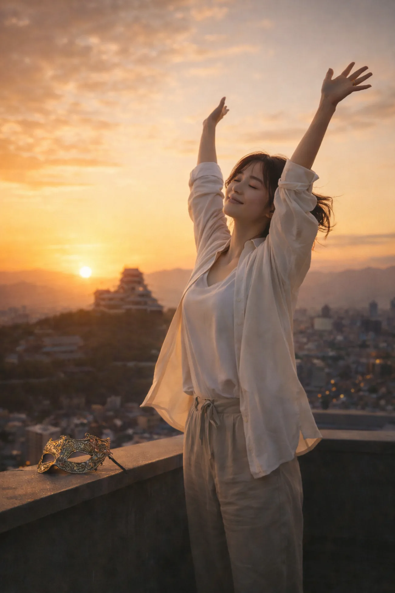夕暮れから仮面の夜へ向かう人物
