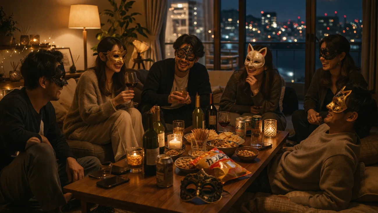 静かなサロンで過ごす仮面の夜のイメージ