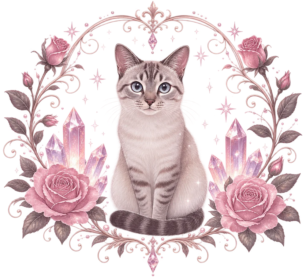 水晶と薔薇のフレームに包まれた美しいシャムトラ猫のラムちゃん
