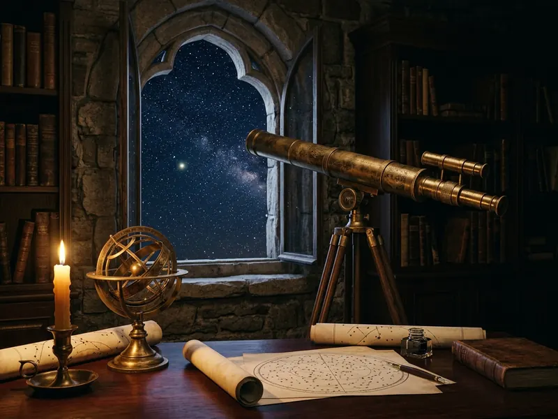 古い書斎の窓から星空へ向けられた真鍮の望遠鏡と星図